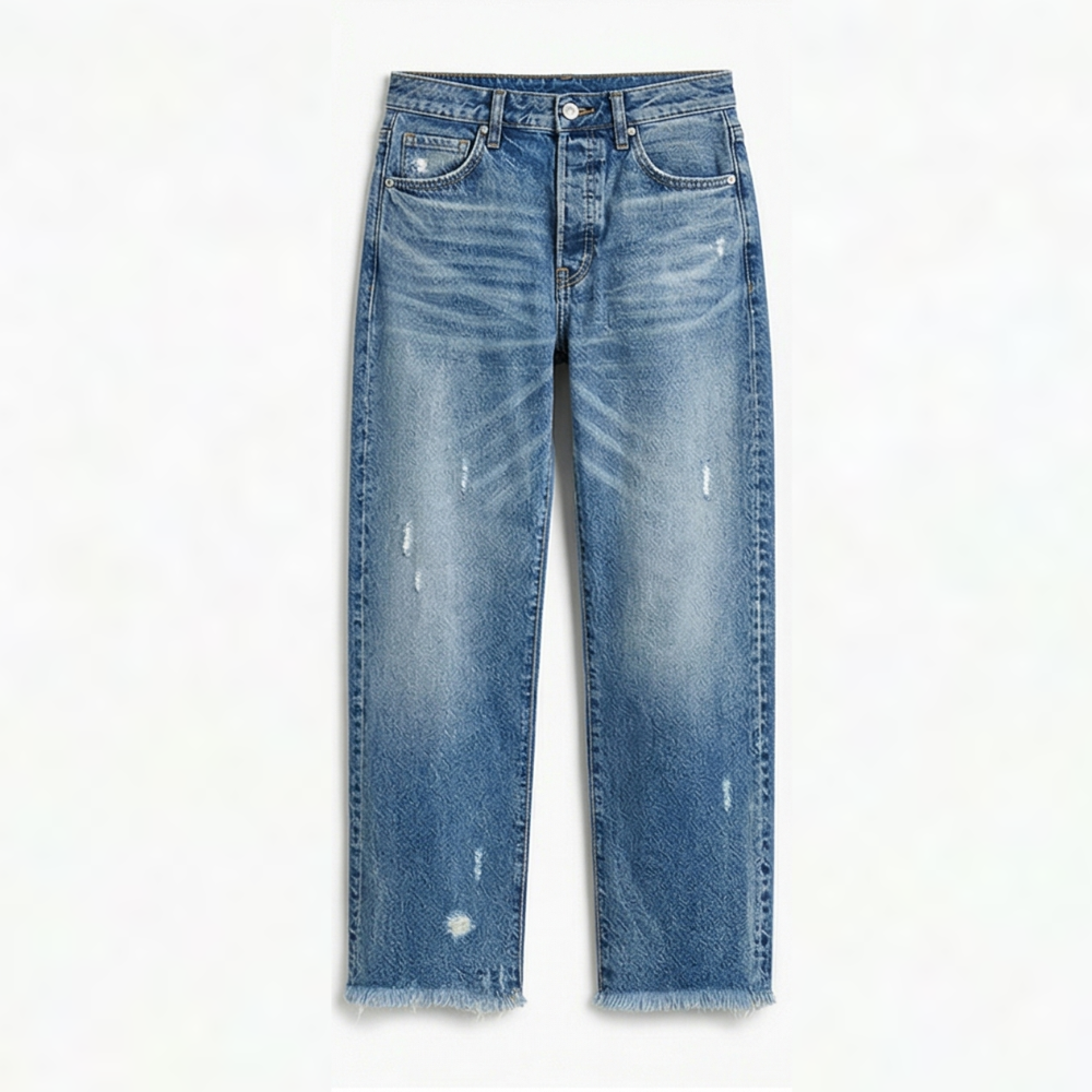Cropped jeans til damer med lige ben og flosset kant