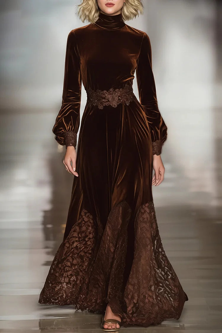 Vestito donna lungo con finitura vellutata e pizzo, marrone