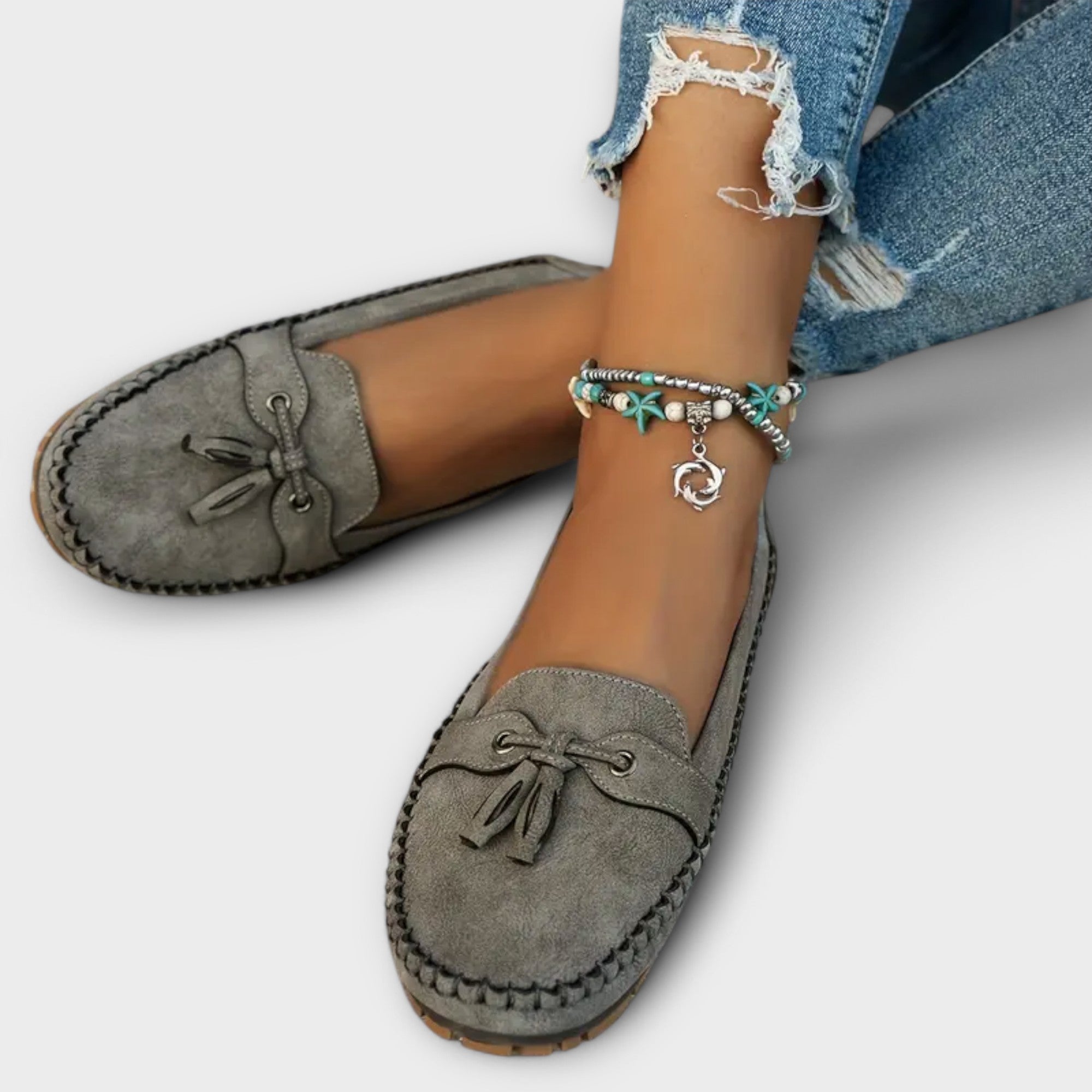 Damskie zamszowe mokasyny z frędzlami i wiązaniem na przodzie