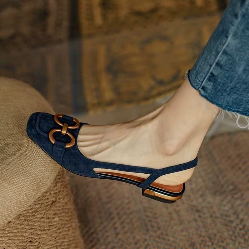 Damskie zamszowe baleriny slingback z metalową klamrą
