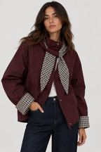 Veste courte femme à capuche et carreaux, bordeaux