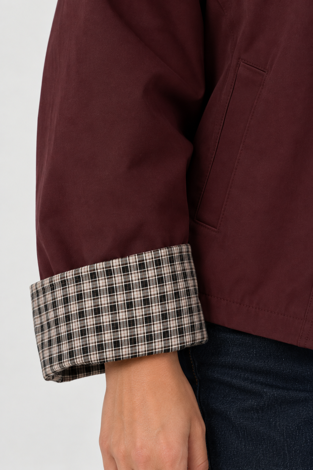 Veste courte femme à capuche et carreaux, bordeaux