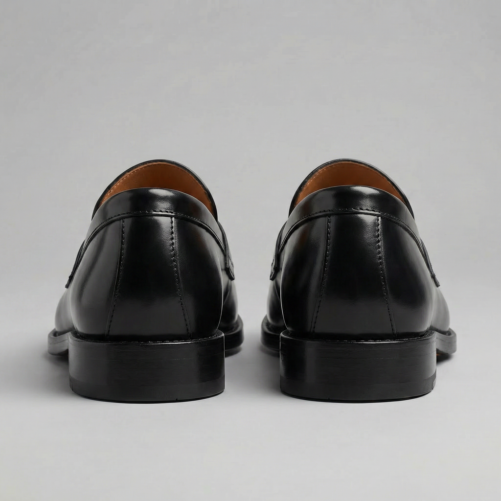 Sorte penny loafers til mænd med blank finish og flad sål
