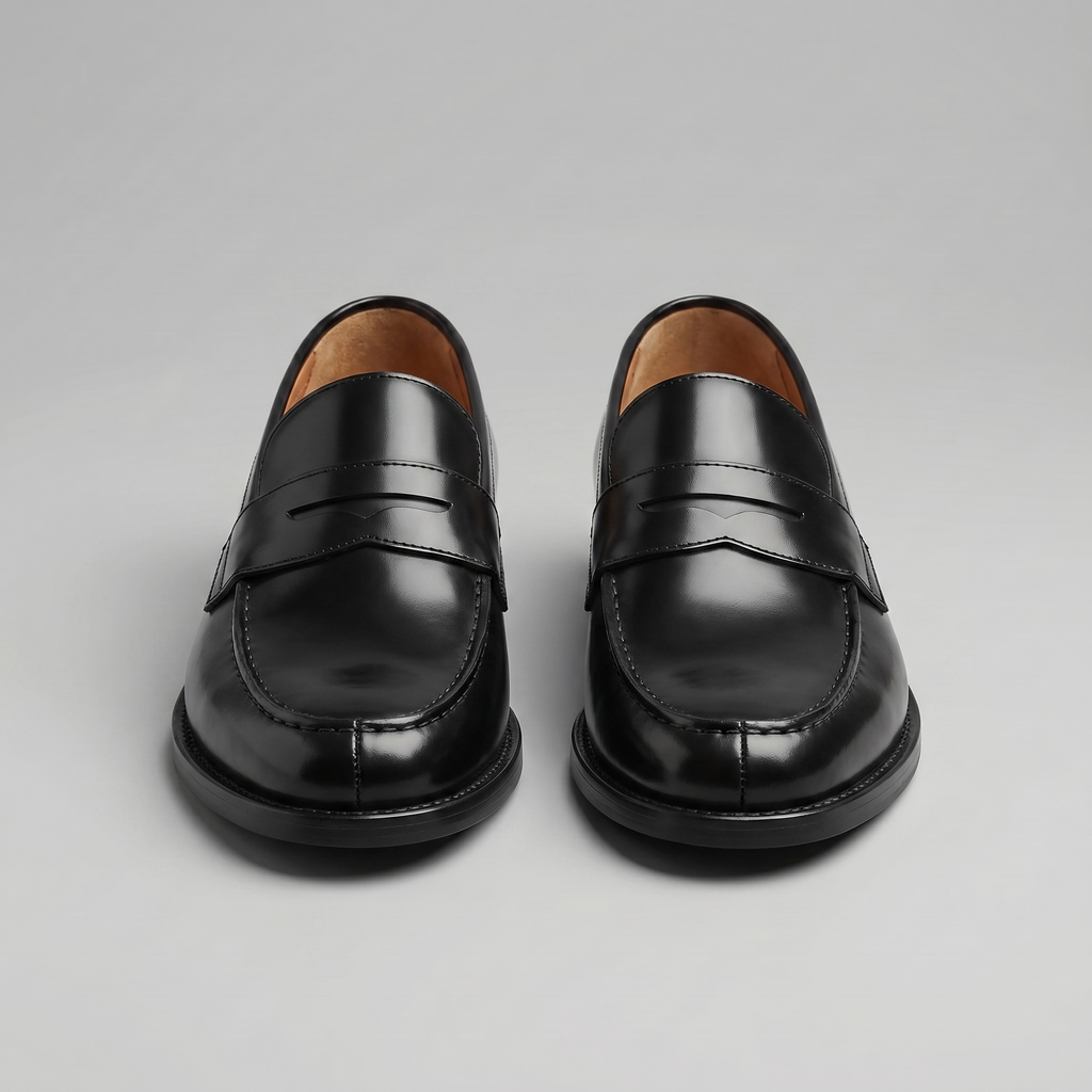 Sorte penny loafers til mænd med blank finish og flad sål