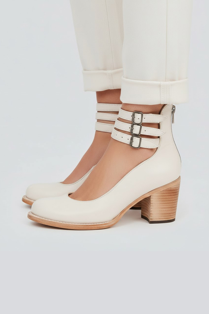 Sapatos de salto grosso de mulher com tira e biqueira redonda fechada
