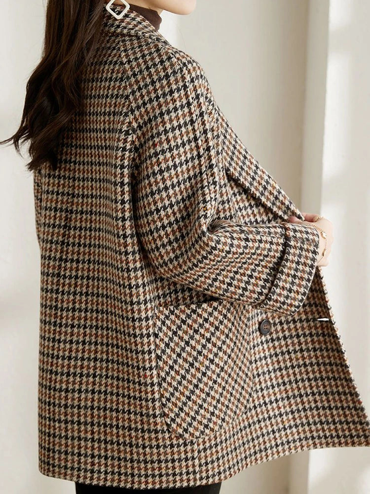 Cappotto donna pied-de-poule con revers e manica 3/4