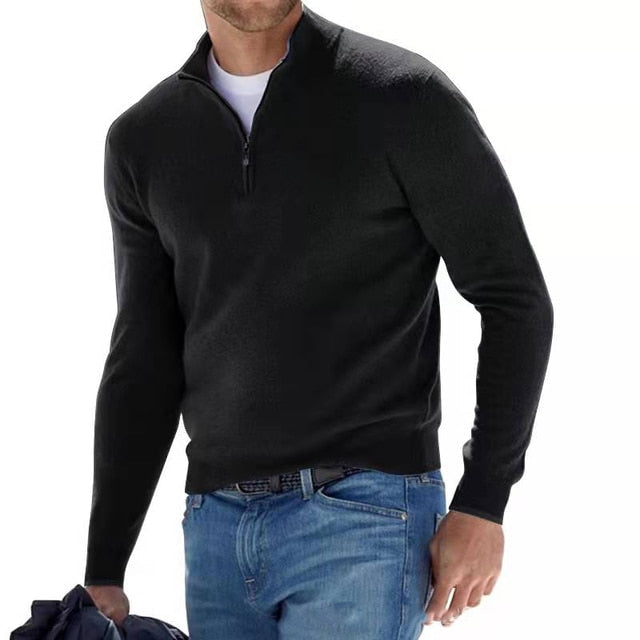 Camisola lisa de homem com gola subida e fecho de correr curto