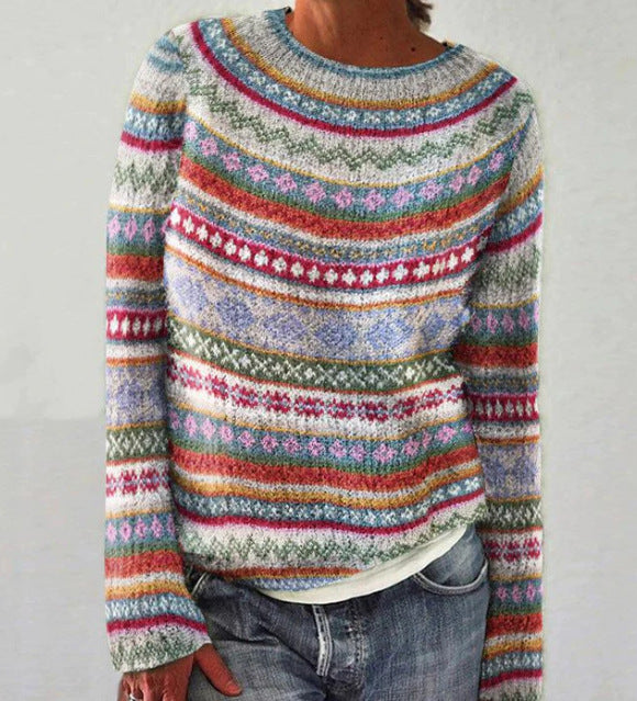 Pull femme rayé, col rond, manches longues