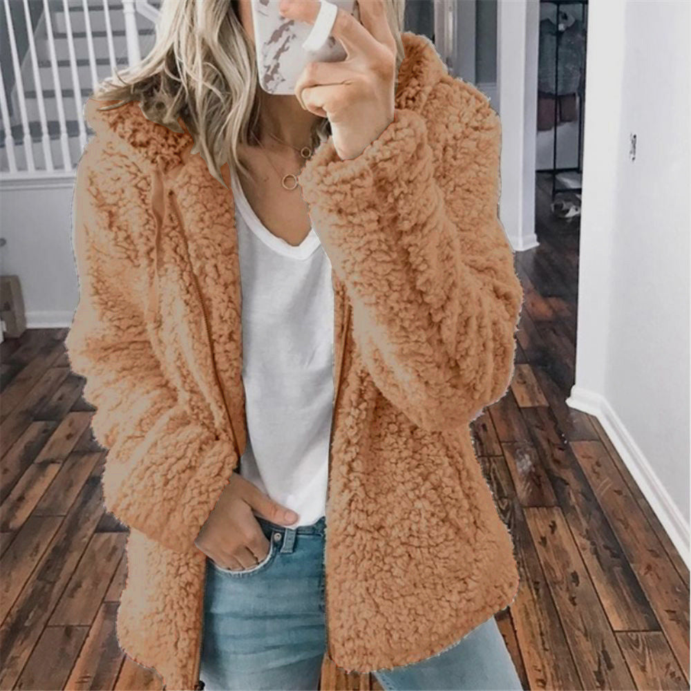 Veste en peluche femme à capuche, manches longues