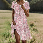 Robe midi femme à petits pois, décolleté rond, manches courtes