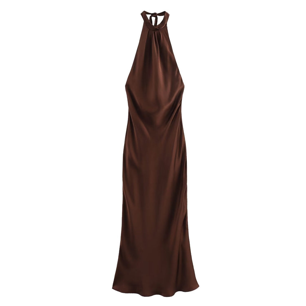 Rochie midi de damă din velur cu decolteu halter cu șnur