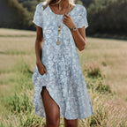 Rochie midi de damă cu buline, decolteu rotund, mânecă scurtă