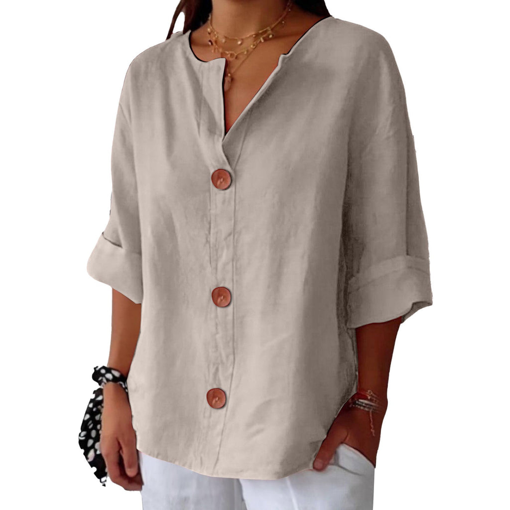 Blusa oversize de mulher com decote em V e botões, manga 3/4
