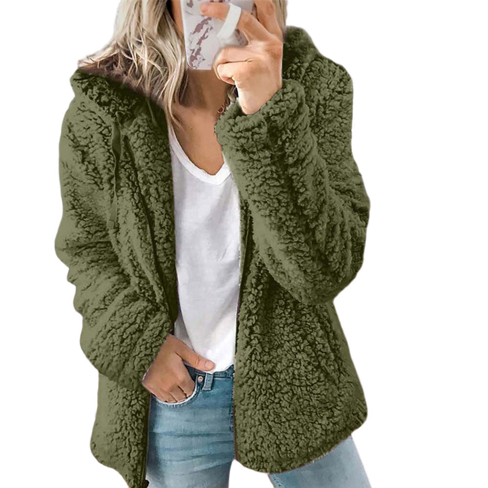 Veste en peluche femme à capuche, manches longues