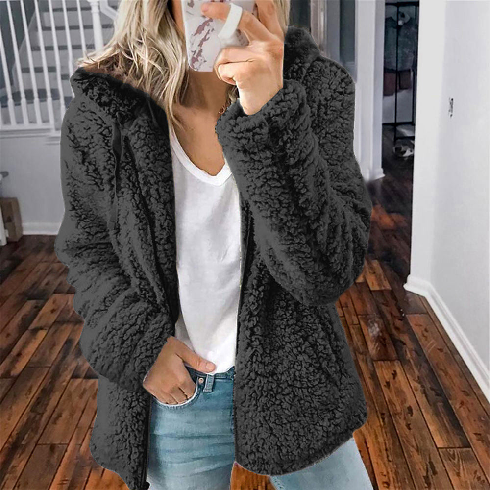 Veste en peluche femme à capuche, manches longues