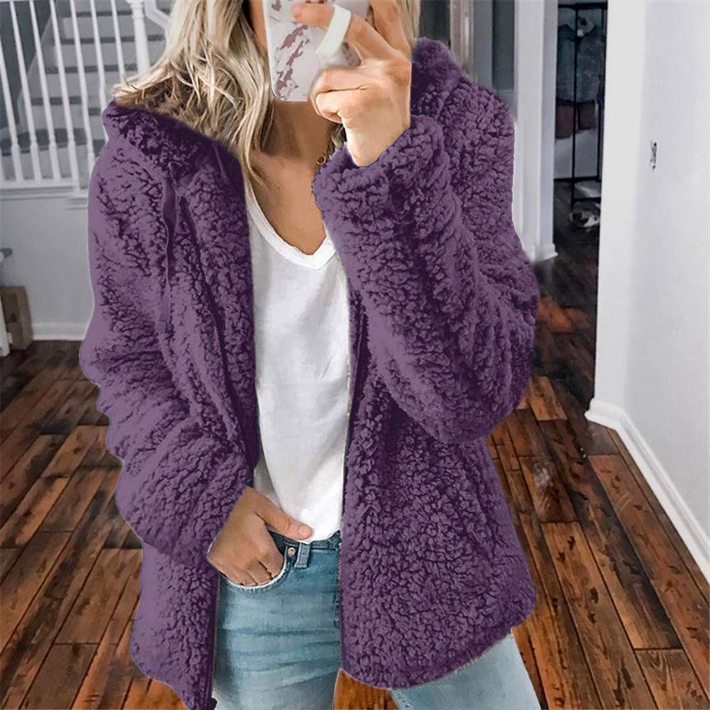 Veste en peluche femme à capuche, manches longues