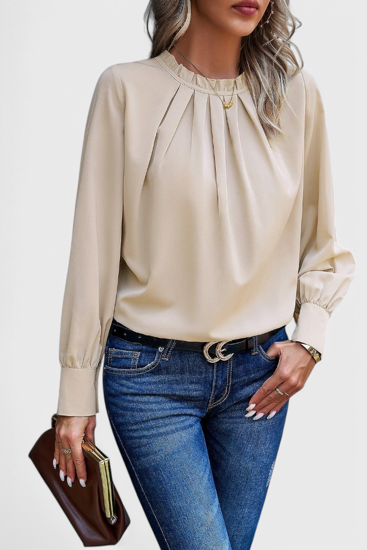 Blouse femme manches longues, col en dentelle, douce