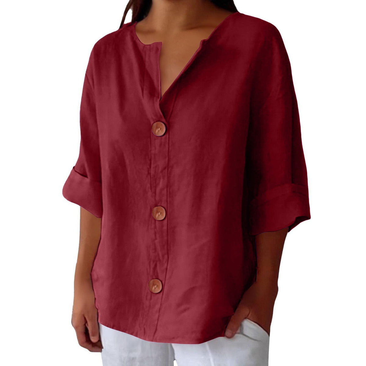 Blusa oversize de mulher com decote em V e botões, manga 3/4