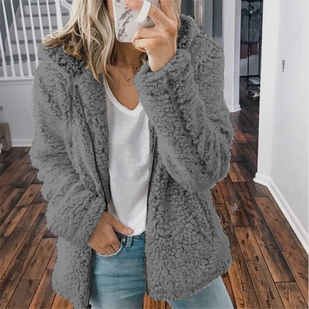 Veste en peluche femme à capuche, manches longues