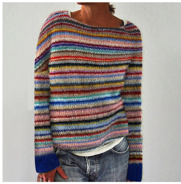 Jersey de mujer a rayas con cuello redondo y manga larga