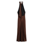 Rochie midi de damă din velur cu decolteu halter cu șnur