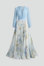 Vestito maxi donna con scollo a V e maniche trasparenti