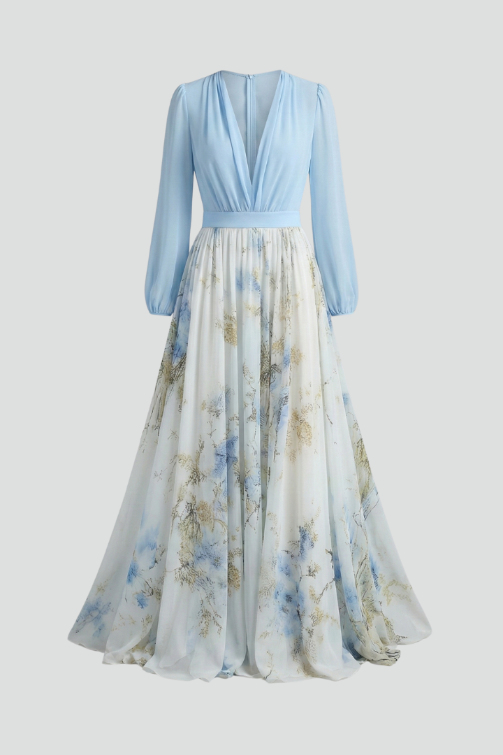 Damska Sukienka Maxi z Dekoltem V i Przezroczystymi Rękawami - Jasnoniebieski