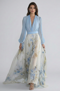 Vestito maxi donna con scollo a V e maniche trasparenti