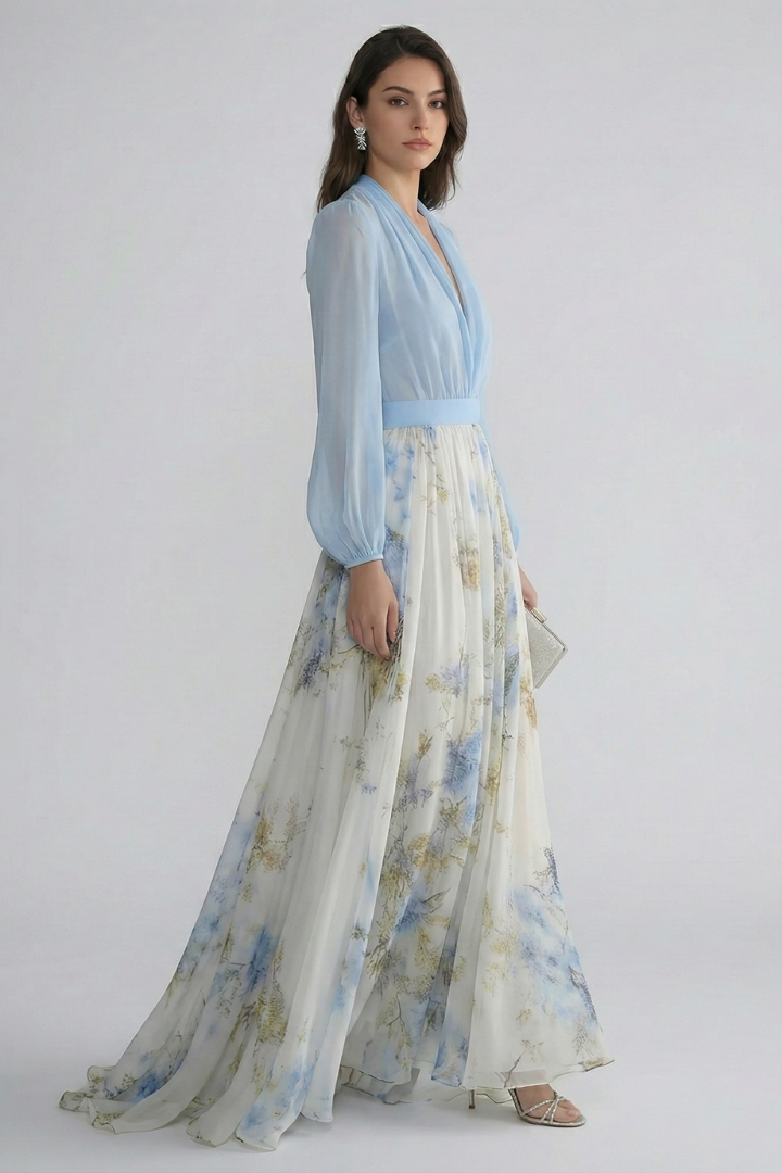 Vestito maxi donna con scollo a V e maniche trasparenti