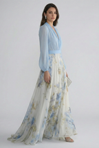 Vestito maxi donna con scollo a V e maniche trasparenti