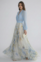 Vestito maxi donna con scollo a V e maniche trasparenti