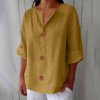 Blouse oversize femme col V, manches 3/4 retroussées
