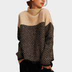 Maglione donna con collo alto e motivo a spina di pesce, maniche lunghe