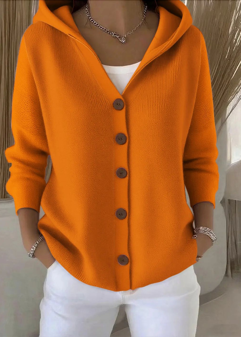 Cardigan femme à capuche et boutons, en maille, manches longues
