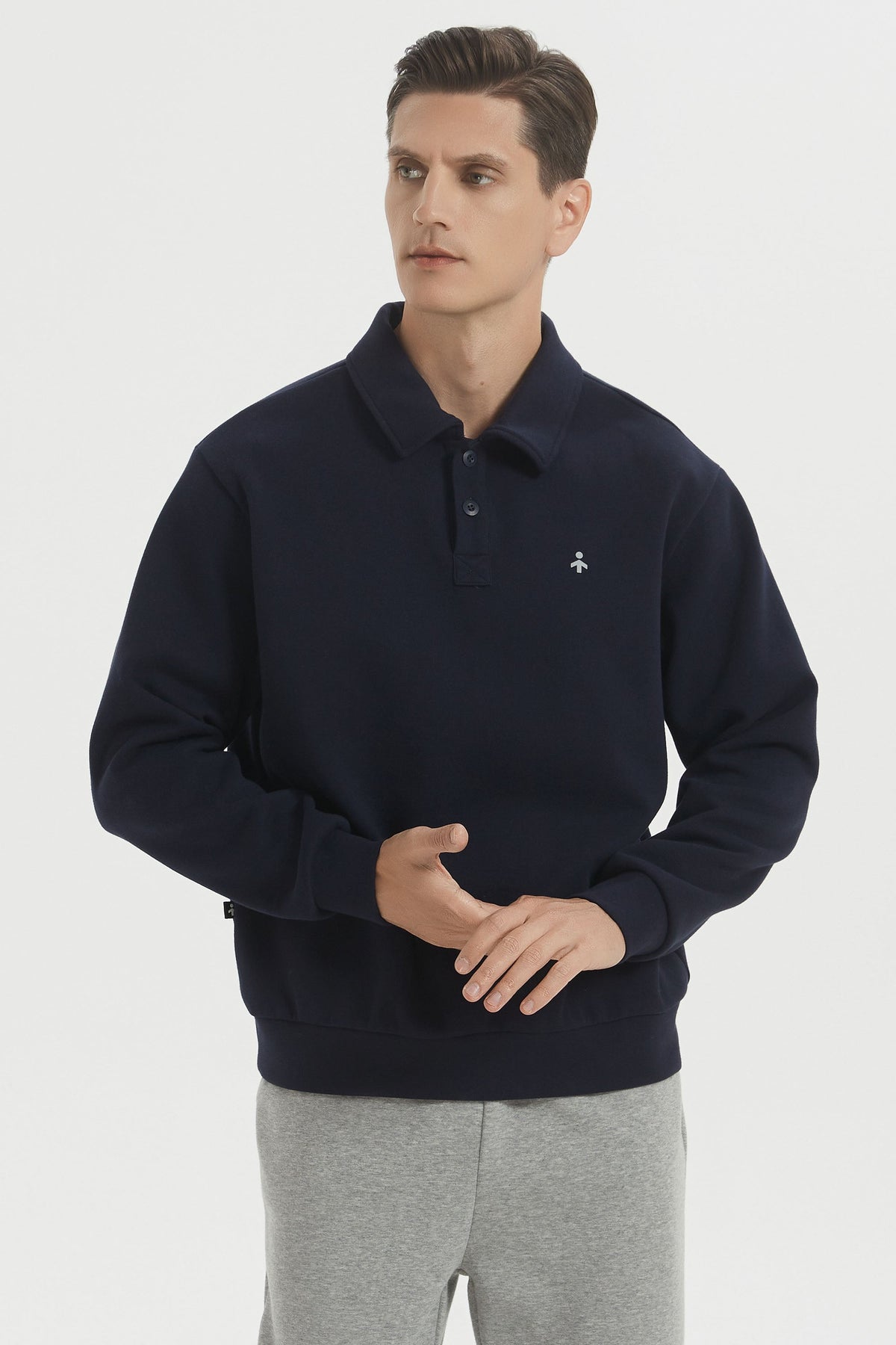 Męska gładka bluza polo z kołnierzem, długim rękawem i guzikami