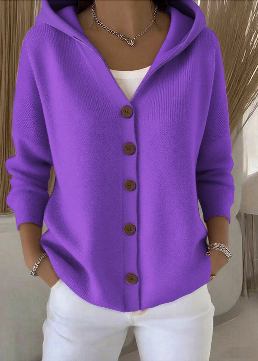 Cardigan femme à capuche et boutons, en maille, manches longues