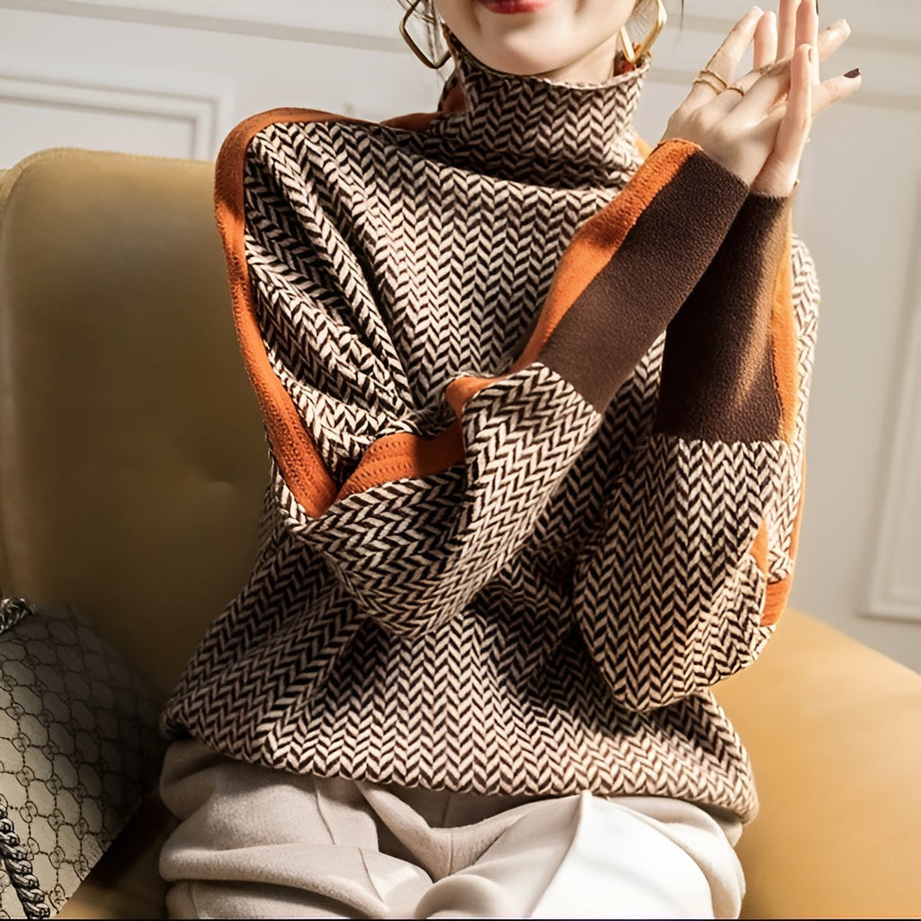 Pull à col roulé femme à motif chevrons, manches longues