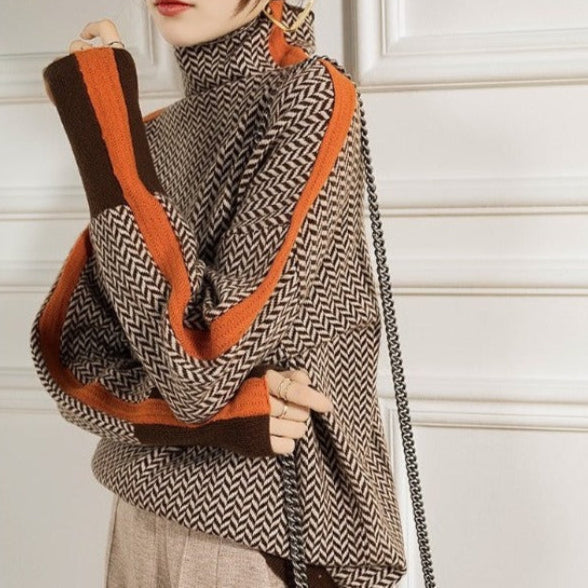 Pull à col roulé femme à motif chevrons, manches longues