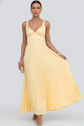 Robe longue femme col V, jupe plissée