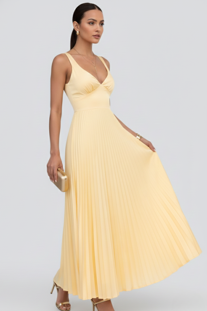 Vestito maxi donna con gonna plissettata e scollo a V