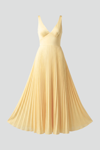 Vestito maxi donna con gonna plissettata e scollo a V