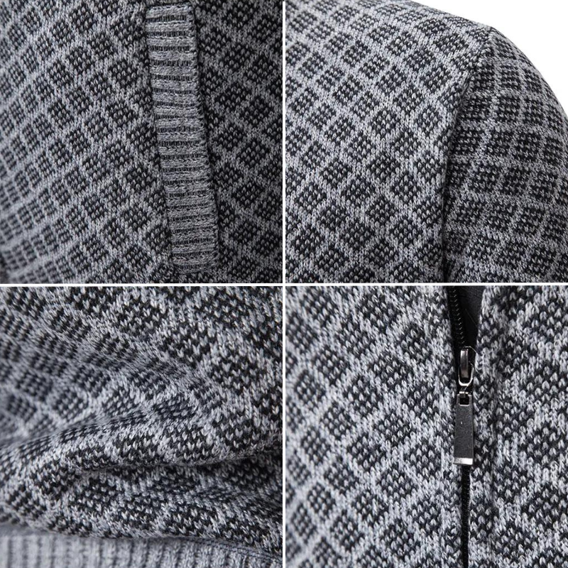 Maglione uomo con motivo geometrico, collo a listino e zip