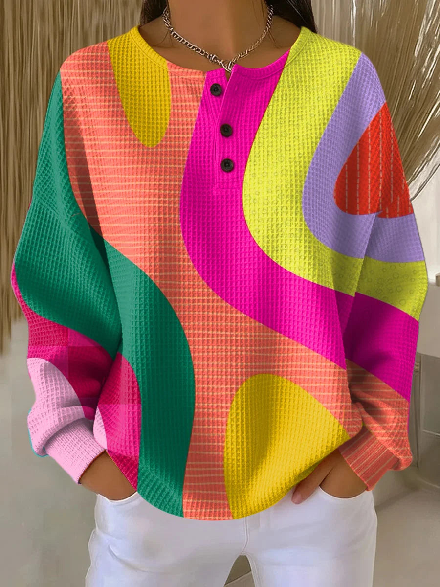 Vaffelstrikket sweatshirt til damer med geometrisk mønster og knapper