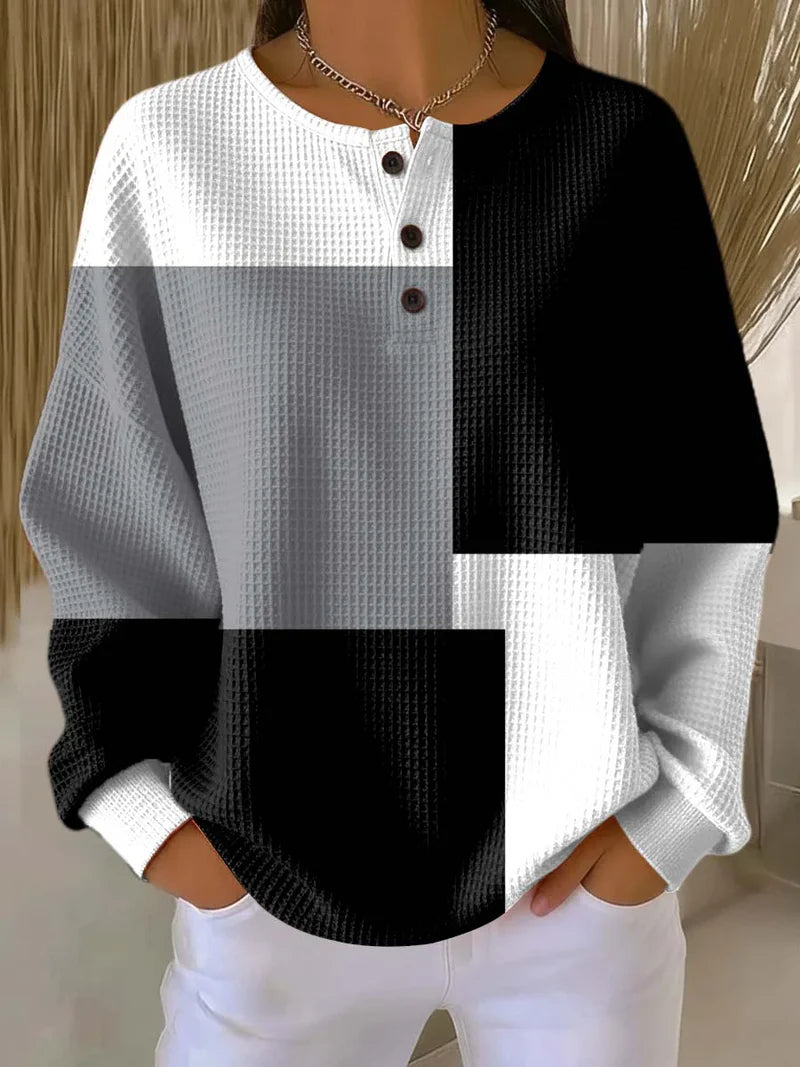 Sweatshirt til damer med geometrisk mønster og knapper, sort og hvid