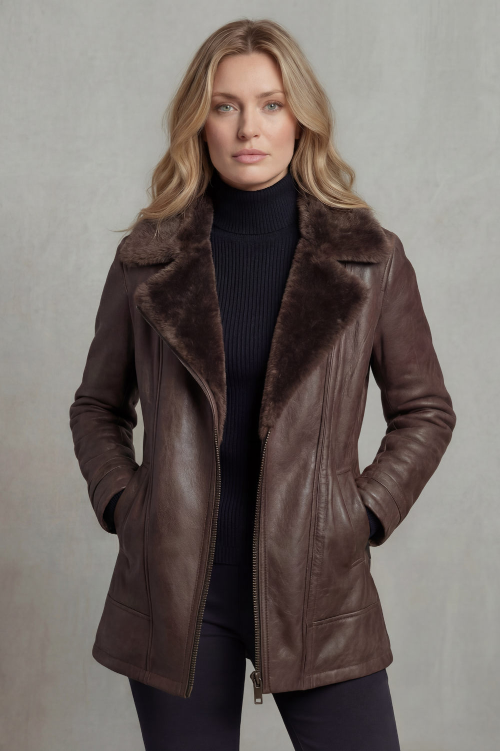 Veste femme marron à large col duveteux et zip