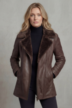 Veste femme marron à large col duveteux et zip
