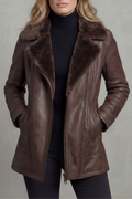 Veste femme marron à large col duveteux et zip