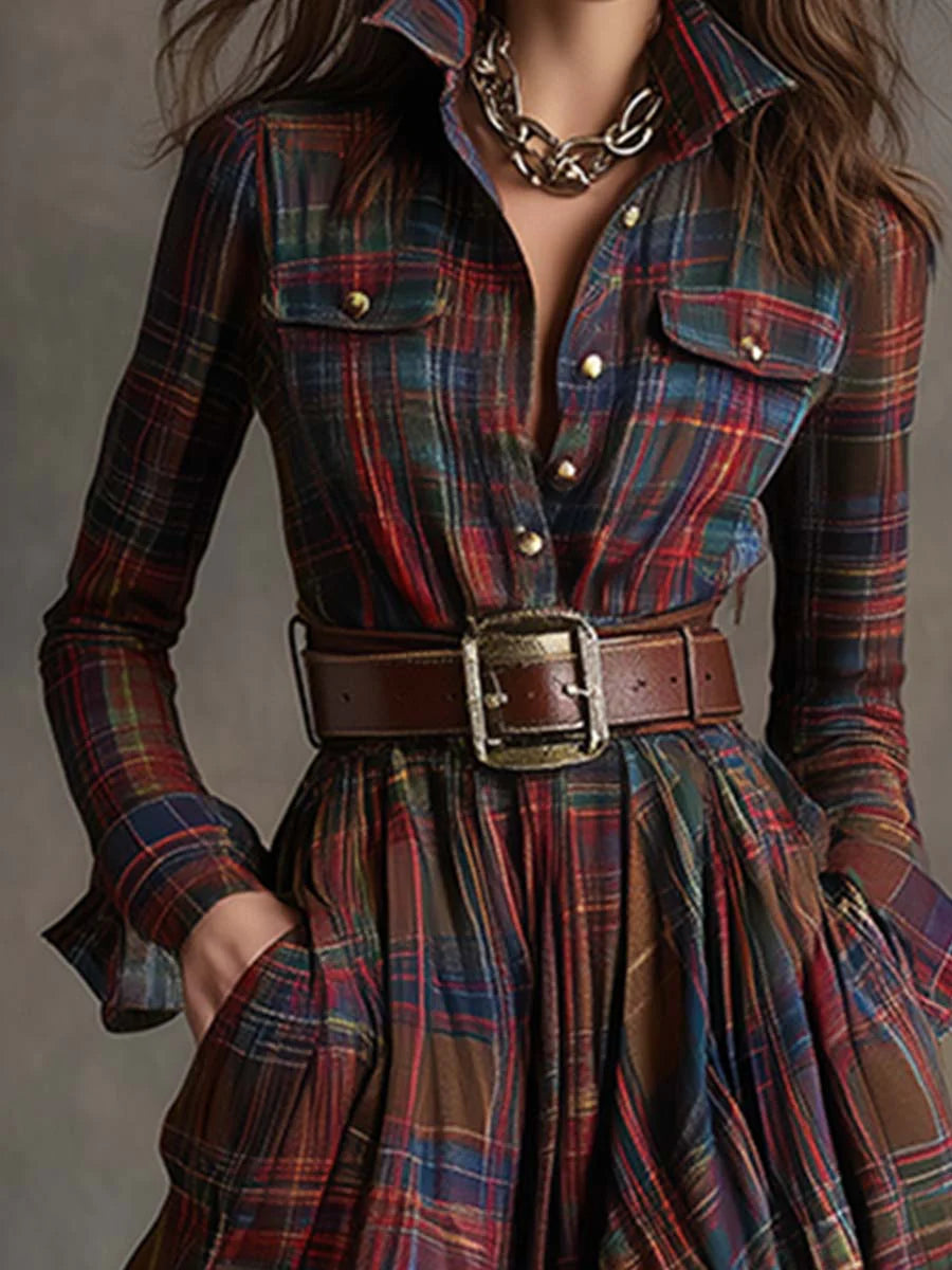 Vestito donna maxi a quadri, con colletto e cintura