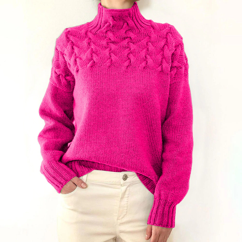 Pull femme à col roulé, torsades et manches longues