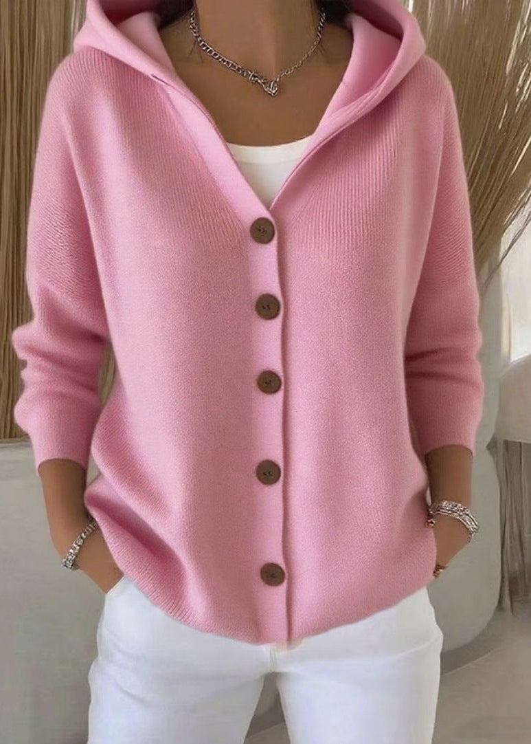 Cardigan femme à capuche et boutons, en maille, manches longues